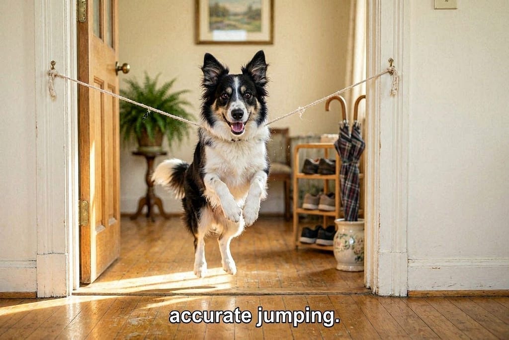 Doorway jump action photo Dog jumping through doorway with string barrier. Text: "Accurate jumping."