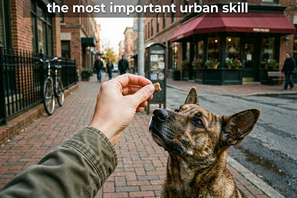 Dog looking at owner's face, treat at eye level. Owner's hand visible. Text: "The most important urban skill"