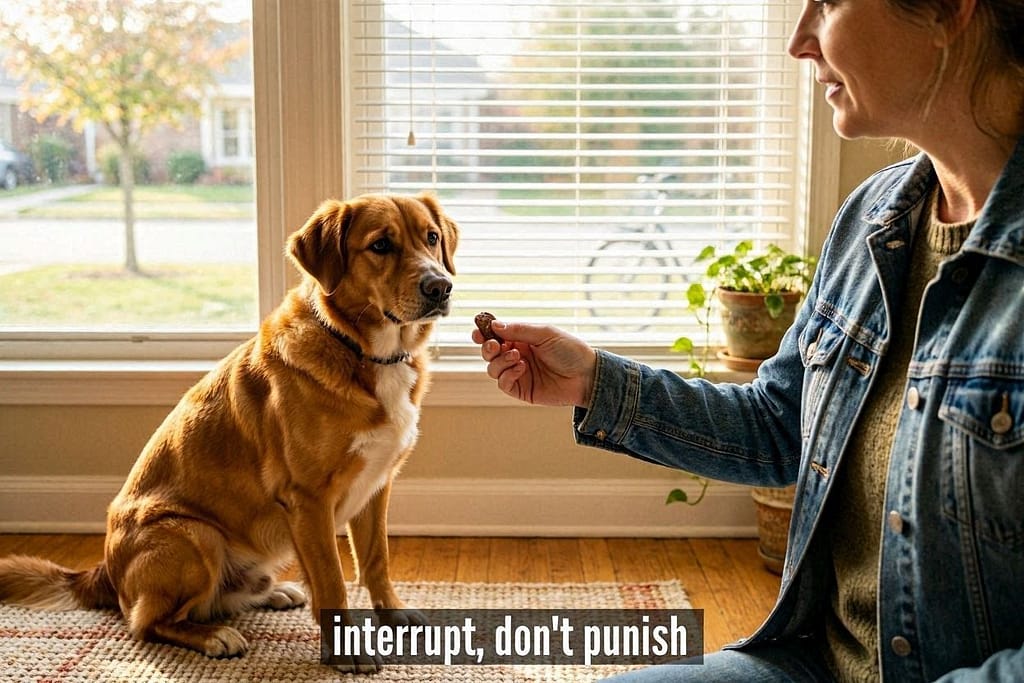 Dog looking out window, owner approaching with treat, blinds partially closed. Text: "Interrupt, don't punish"