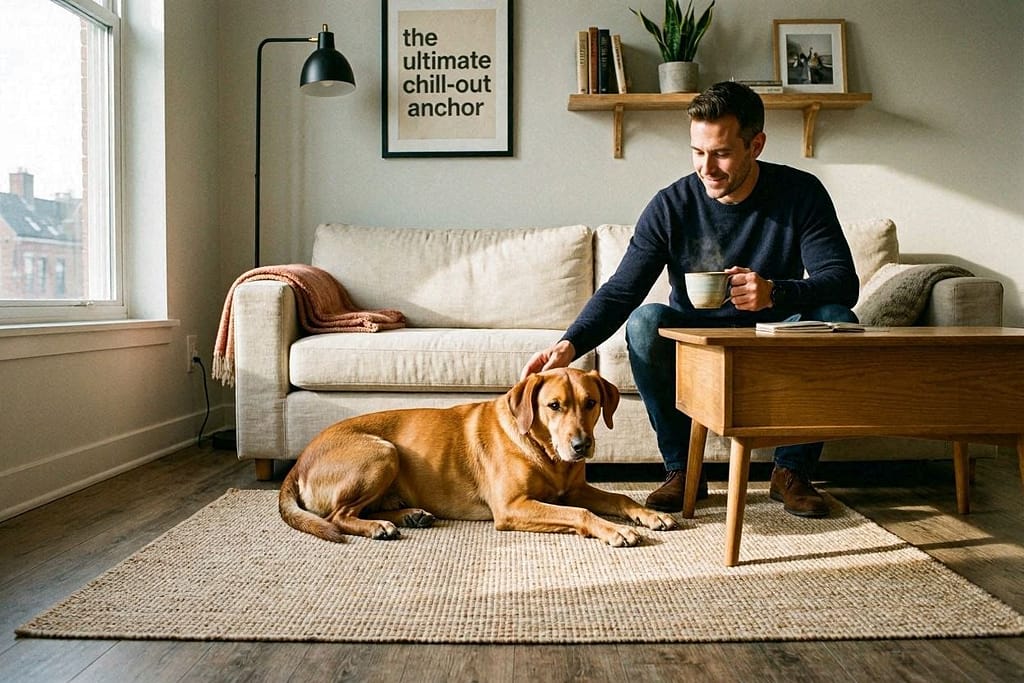 Dog lying calmly on designated mat, owner nearby. Text: "The ultimate chill-out anchor."