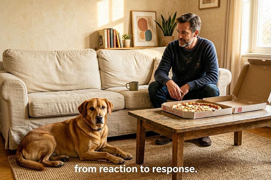 Dog lying calmly on mat, pizza box open on coffee table, owner relaxed. Dog ignoring food, making eye contact. Text: "From reaction to response."