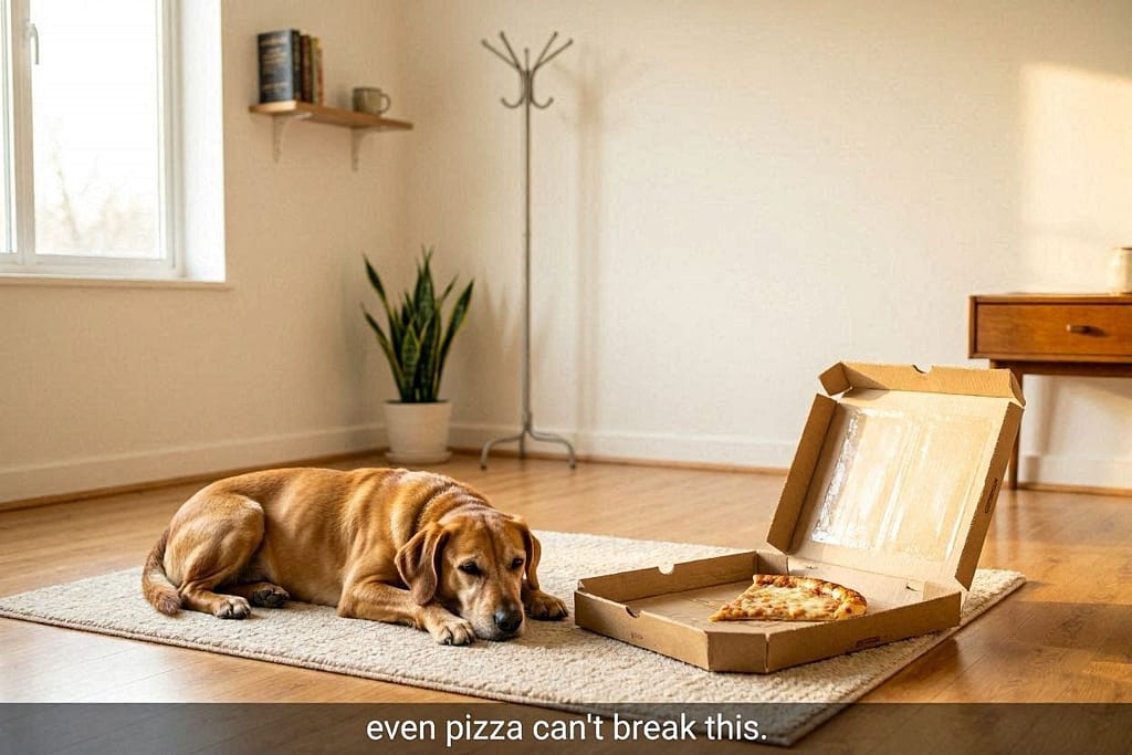 Dog lying calmly while pizza box open nearby. Text: "Even pizza can't break this."