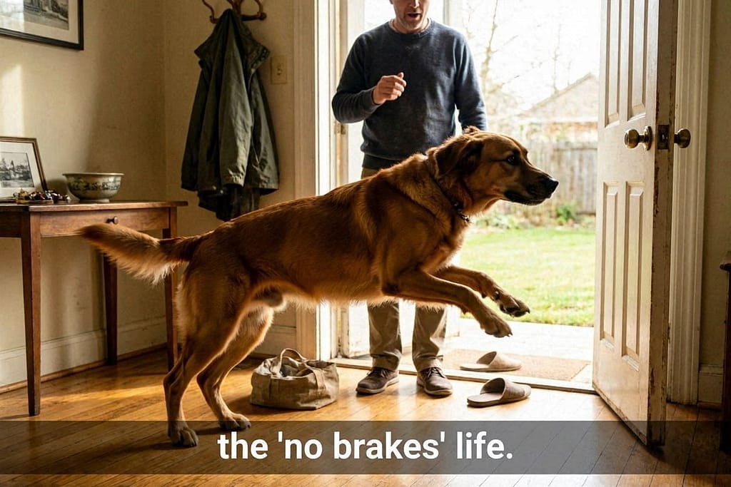 Dog mid-leap toward open door, owner looking surprised, blurry motion. Text: "The 'no brakes' life."