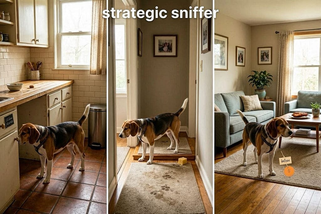 Dog moving between rooms, different value treats. Text: "Strategic sniffer."