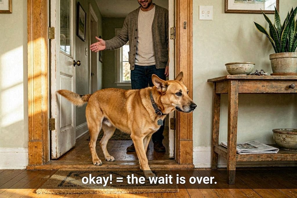 Dog moving through doorway after release word, owner gesturing. Text: "OKAY! = the wait is over."