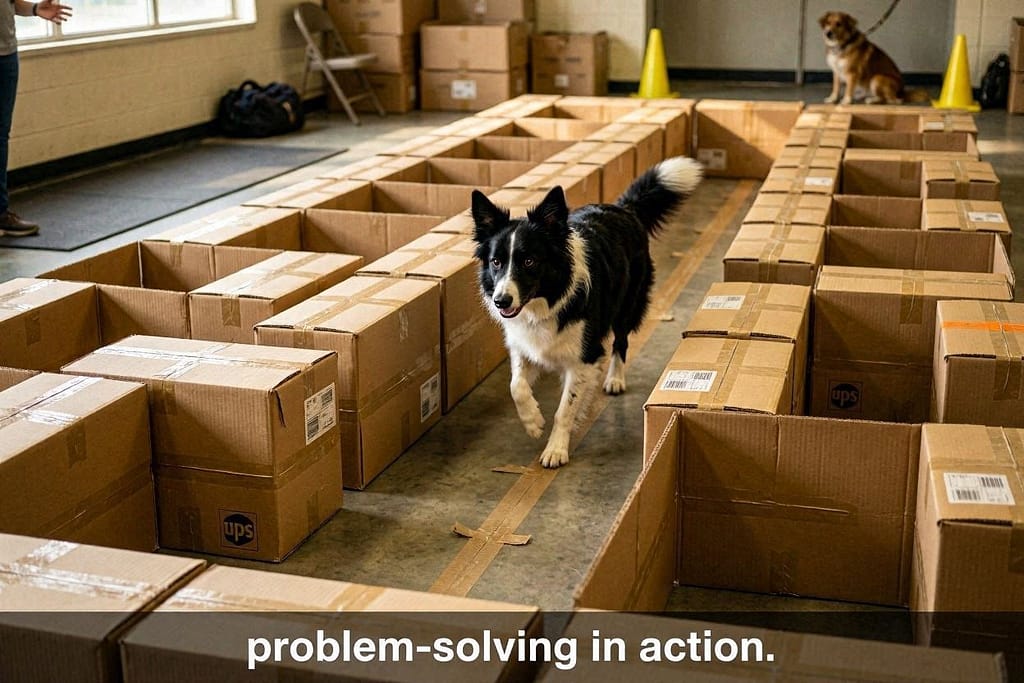 Box maze action photo Dog navigating between boxes, path visible. Text: "Problem-solving in action."