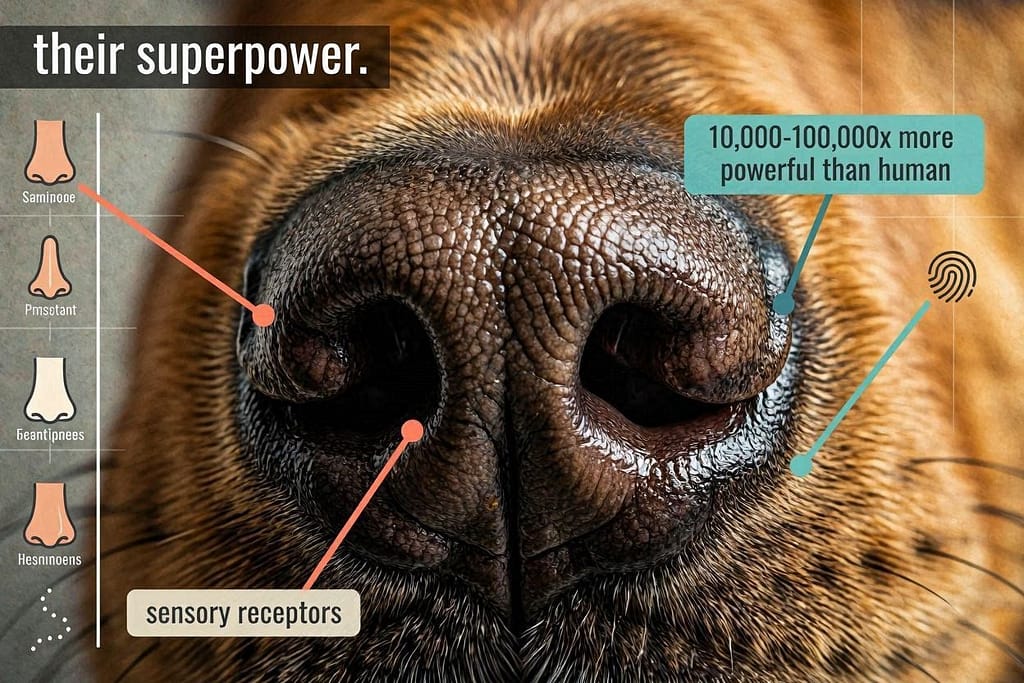 Dog nose close-up infographic Close-up of dog nose with annotations: 10,000-100,000x more powerful than human, sensory receptors. Text: "Their superpower."