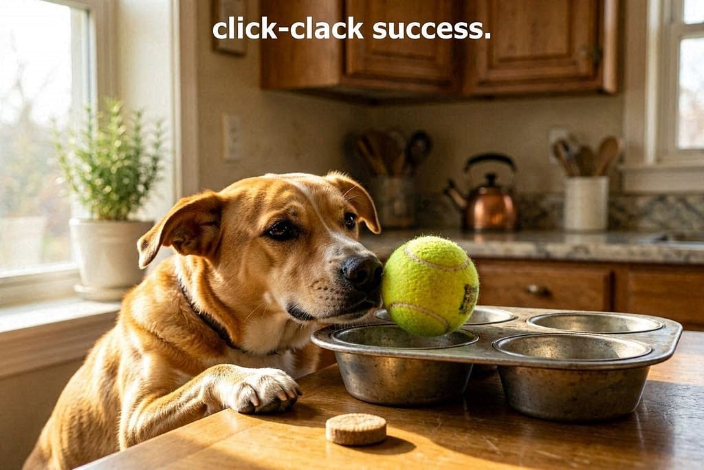 Dog nudging tennis ball off muffin tin cup, treat visible. Text: "Click-clack = success."