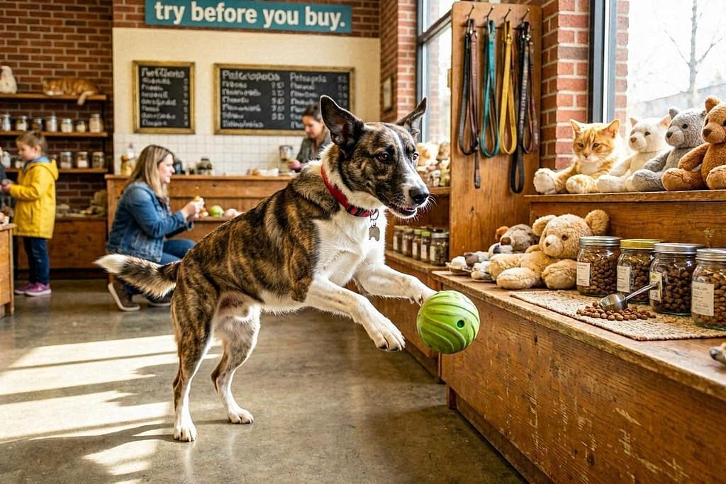 Petropolis action photo Dog off-leash in store, testing toy. Text: "Try before you buy."