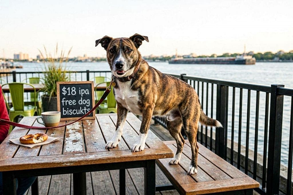 Other Half action photo Dog on Domino Park patio, waterfront view. Text: "$18 IPA + free dog biscuits."