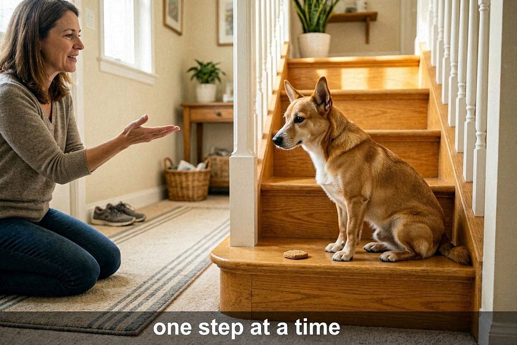 Dog on bottom stair, treat on next step, owner encouraging. Text: "One step at a time"