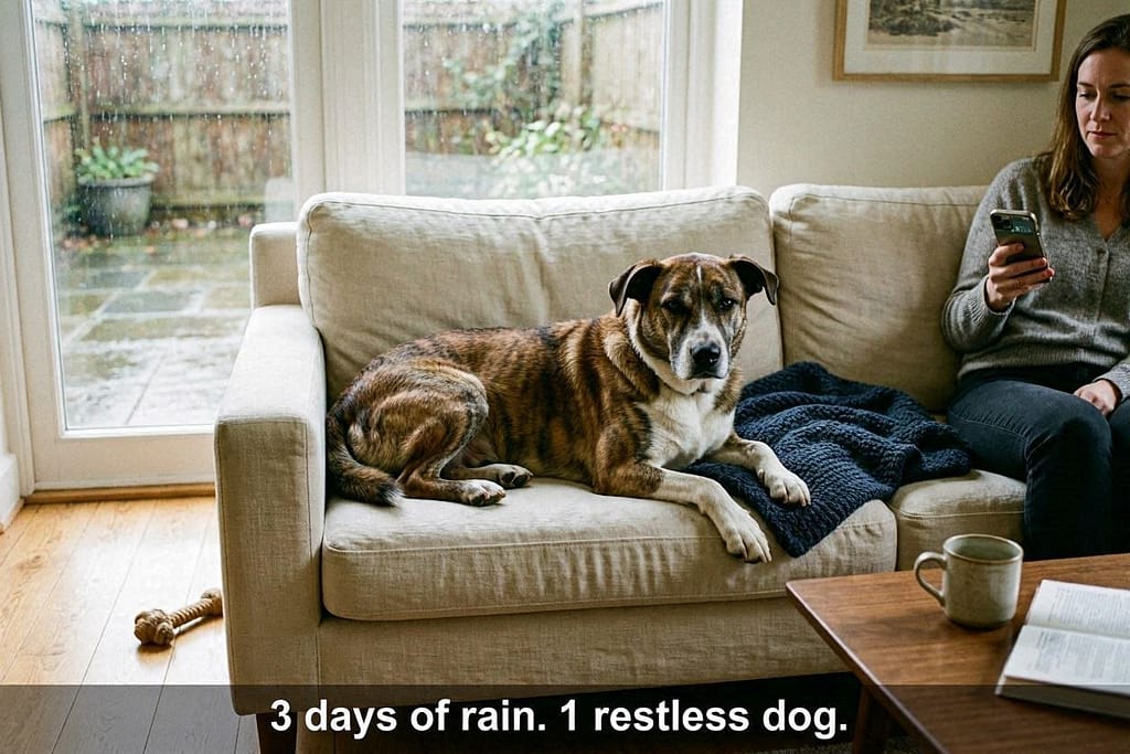 Relatable "cabin fever" photo Dog on couch looking bored/restless, rain visible out window, owner looking at weather app. Text: "3 days of rain. 1 restless dog."