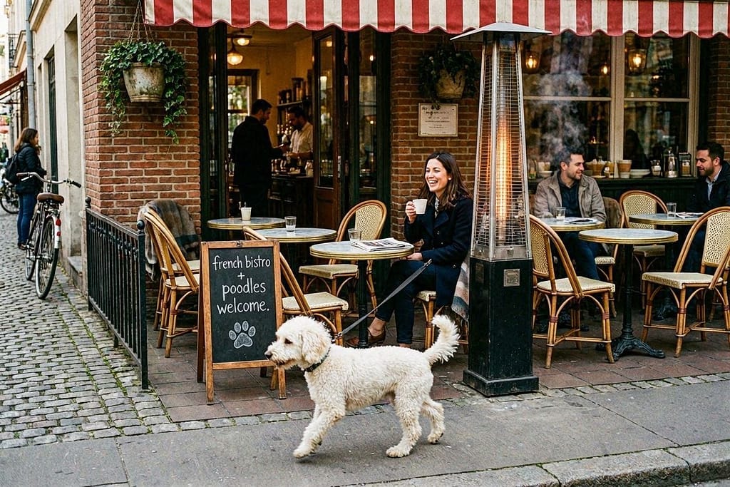 Cafe Cluny action photo Dog on heated sidewalk patio, French bistro vibe. Text: "French bistro + poodles welcome."