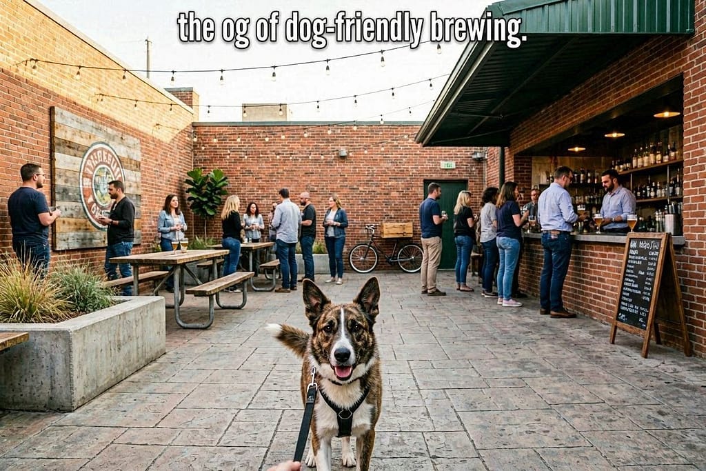 Brooklyn Brewery action photo Dog on outdoor courtyard, people mingling. Text: "The OG of dog-friendly brewing."