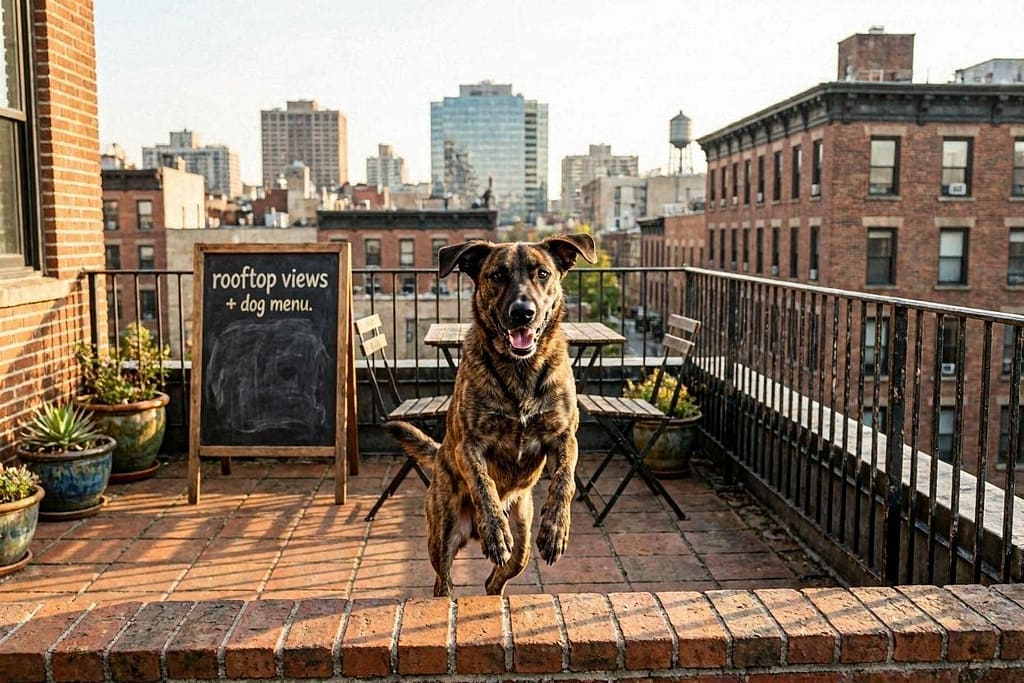 The Wilson action photo Dog on rooftop with city view, dog menu visible. Text: "Rooftop views + dog menu."