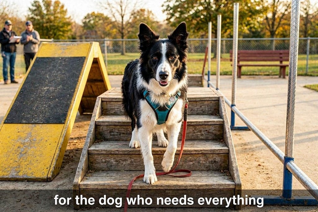 Advanced course hero photo Dog on stairs or using advanced obstacles. Text: "For the dog who needs everyth
