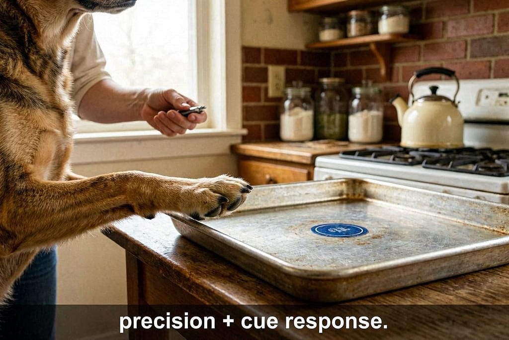 Target touch action photo Dog paw touching baking sheet. Text: "Precision + cue response."