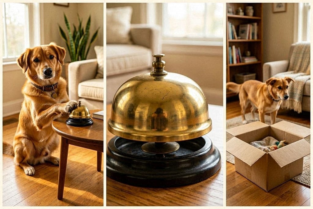Image 1: Dog paw touching bell / Image 2: Bell close-up / Image 3: Dog heading to box after ring
