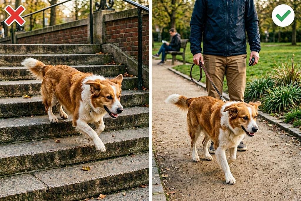 Left: Dog racing down stairs (❌). Right: Dog walking slowly beside owner (✅