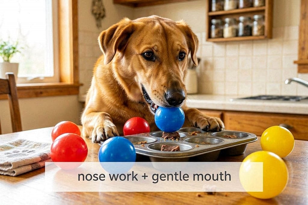 Muffin tin action photo Dog removing balls from muffin tin to find treats. Text: "Nose work + gentle mouth."