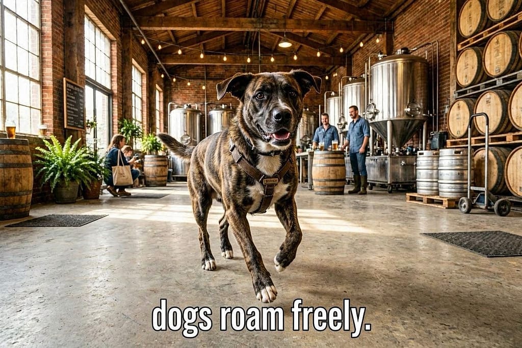 Big aLICe action photo Dog roaming warehouse brewery, spacious interior. Text: "Dogs roam freely."