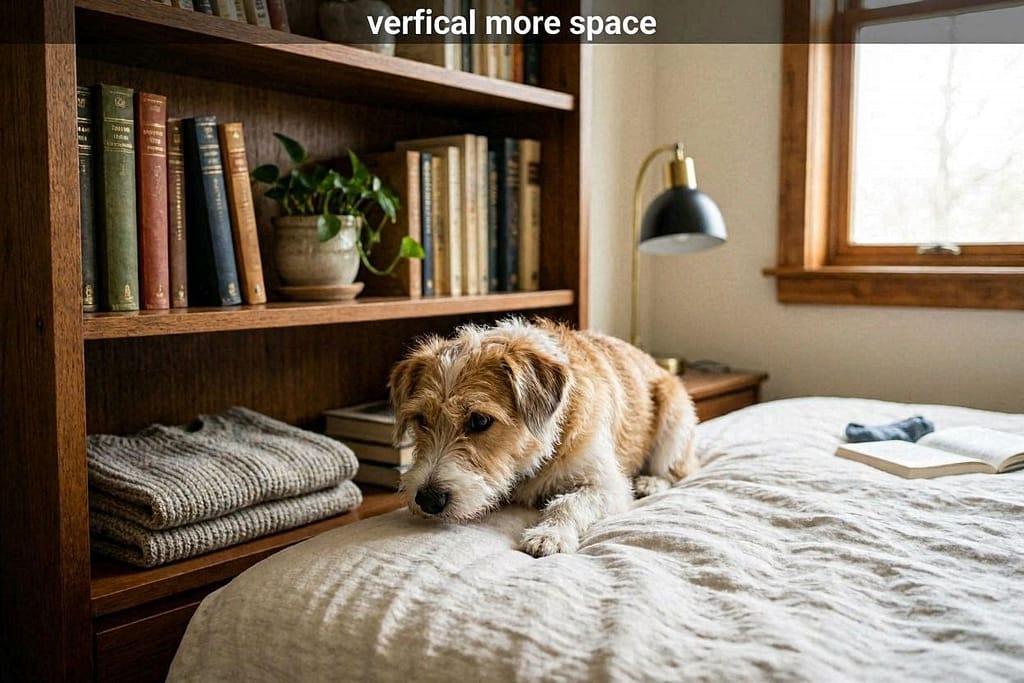 Micro-search photo Dog searching on a bed or bookshelf. Text: "Vertical = more space."