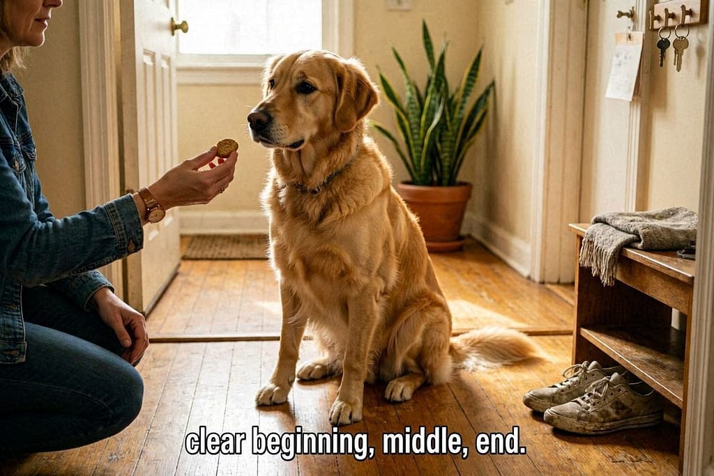 Dog sitting at apartment door, owner giving treat. Text: "Clear beginning, middle, end."