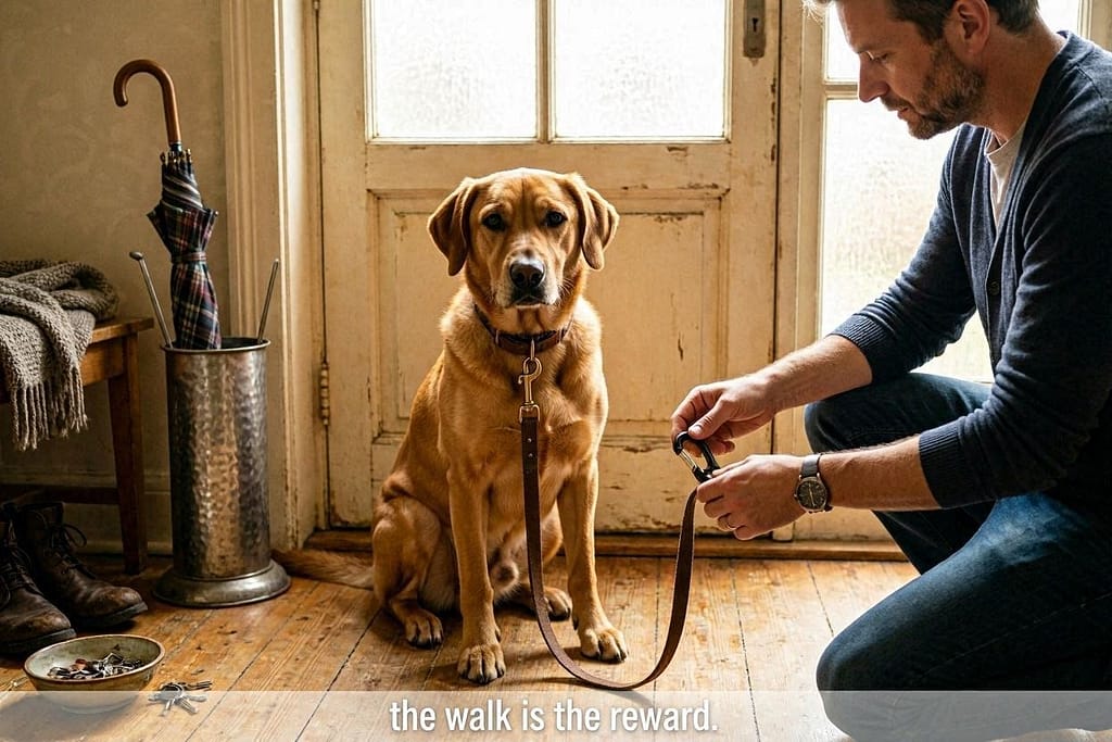 Dog sitting calmly at door, leash on, owner about to clip. Text: "The walk is the reward."