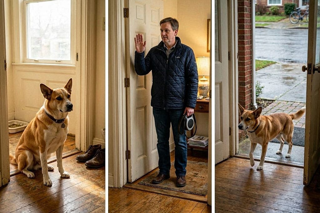 Image 1: Dog sitting in front of open door. Image 2: Owner holding hand up "wait." Image 3: Dog released, walking through.