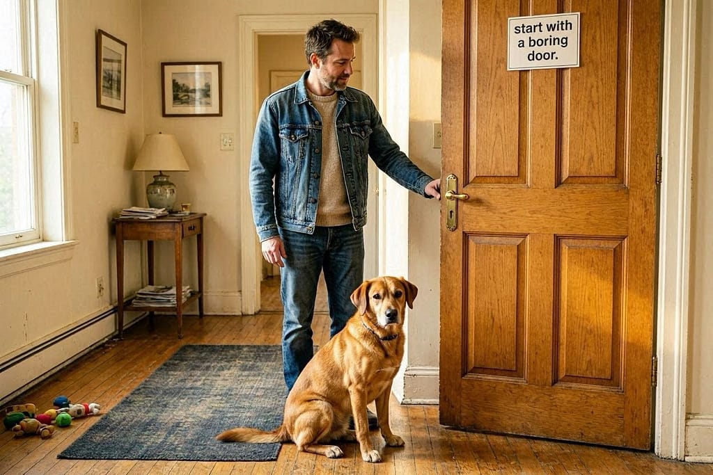 Dog sitting several feet from closed door, owner at door handle. Text: "Start with a boring door."