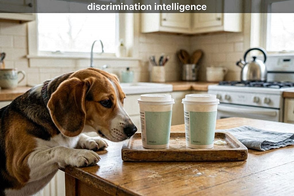 Dog sniffing between identical yogurt cups, choosing one. Text: "Discrimination = intelligence."