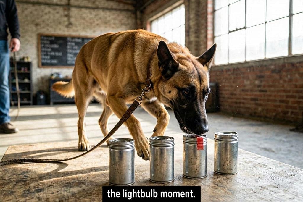 Dog sniffing film canisters, target scent hidden. Text: "The lightbulb moment."