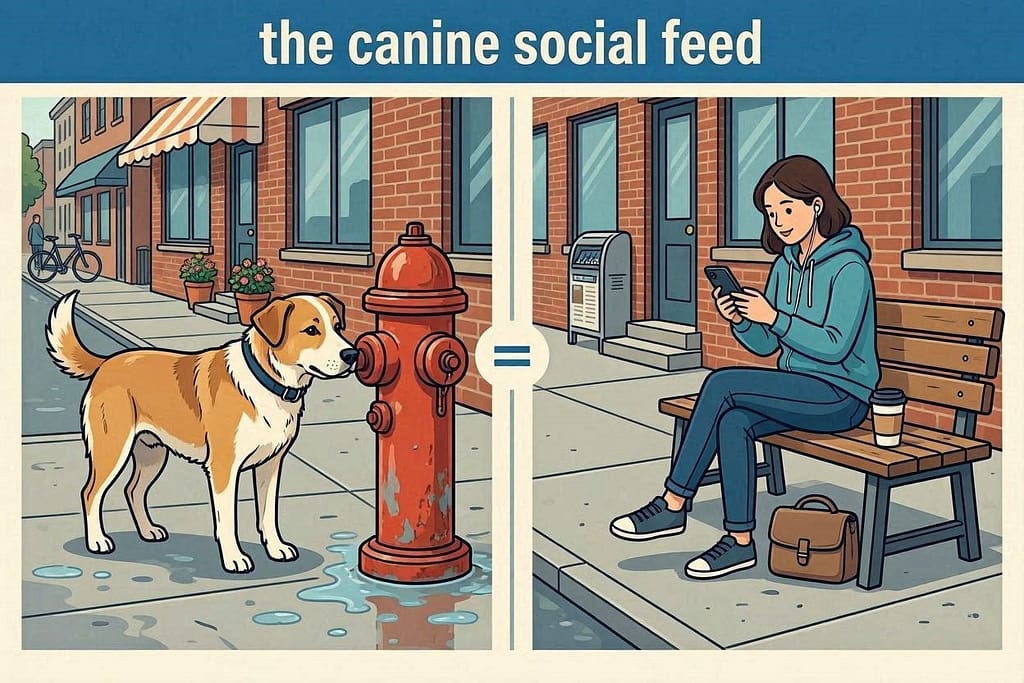 Relatable comparison graphic Dog sniffing fire hydrant = person scrolling phone. Text: "The canine social feed."