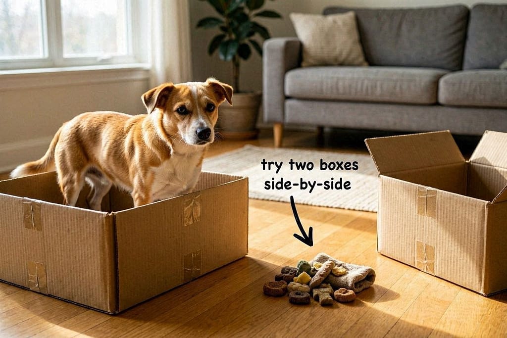 Dog standing in box (peeing) + separate poop pile 6 inches away. Arrow: "Try two boxes side-by-side"