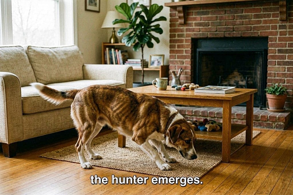 Dog systematically searching a room, tail wagging. Text: "The hunter emerges."