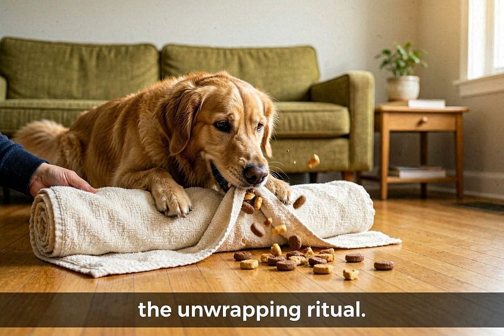 Dog unrolling towel burrito, treats falling out. Text: "The unwrapping ritual."