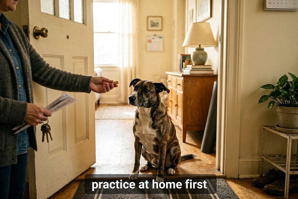 Dog waiting at open apartment door, owner holding treat. Text: "Practice at home first"