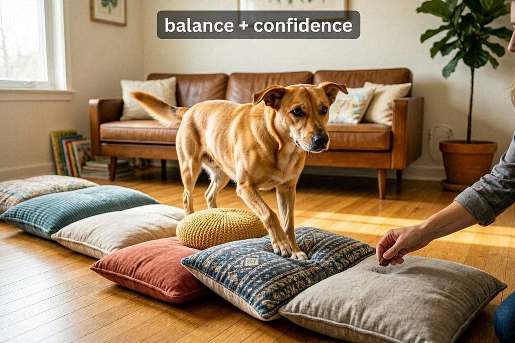 Pillow path action photo Dog walking across pillows, owner guiding with treat. Text: "Balance + confidence."