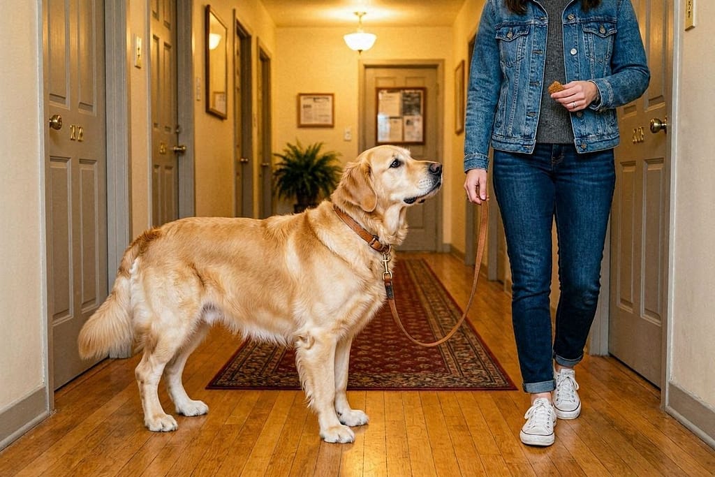 Dog walking at owner's side in apartment hallway, leash loose, treat visible.