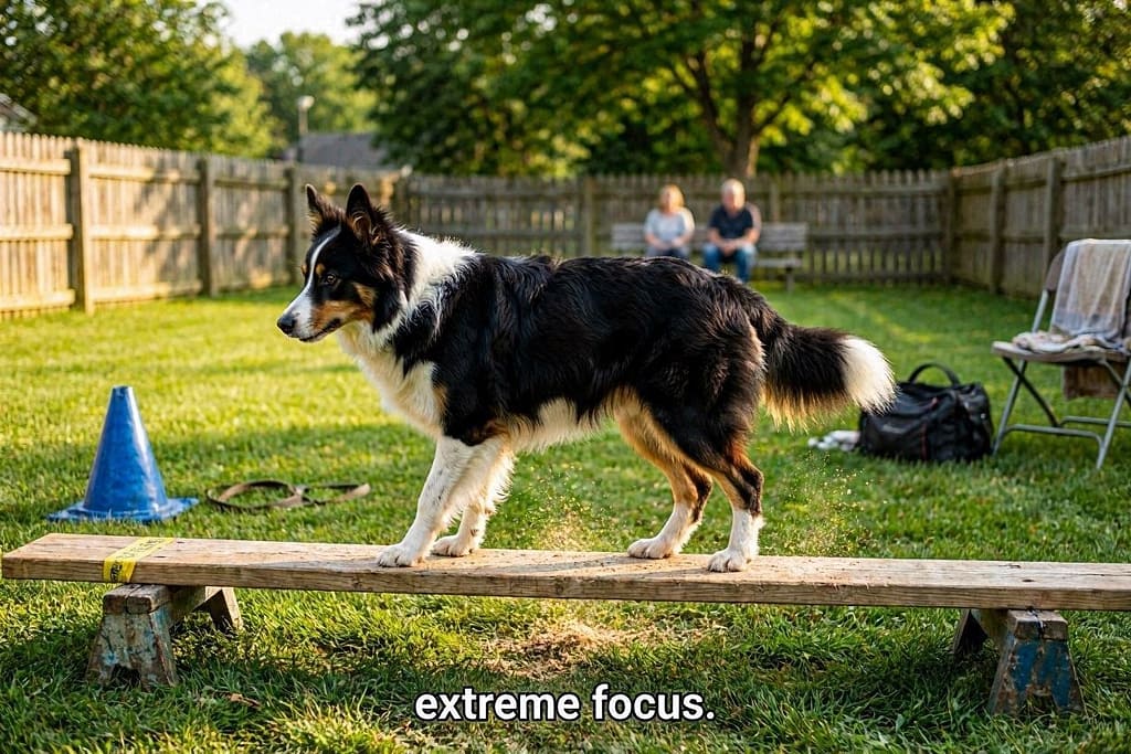 Balance beam action photo Dog walking on 2x4 board. Text: "Extreme focus."