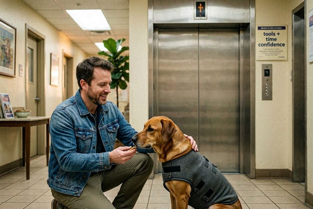 Dog wearing Thundershirt, owner giving treats near elevator. Text: "Tools + time = confidence"