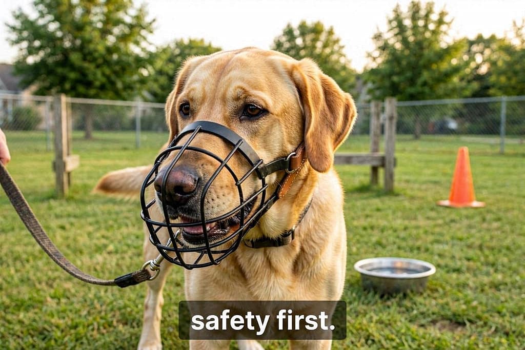 Basket muzzle photo Dog wearing basket muzzle during training phase, still able to sniff