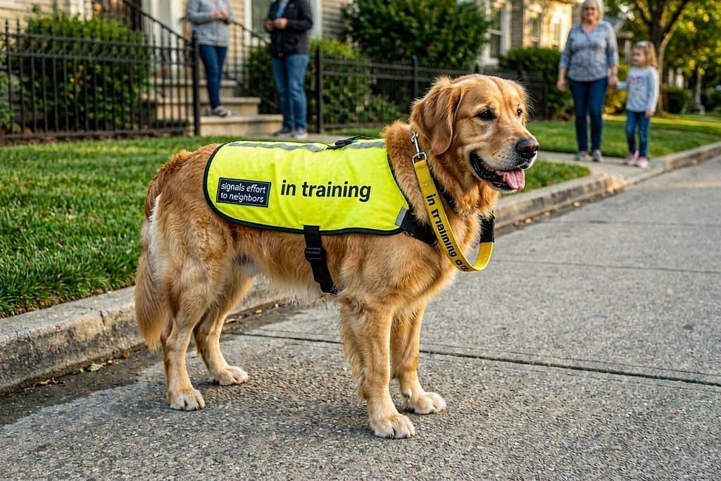 Dog wearing yellow "In Training" vest or leash wrap. Text: "Signals effort to neighbors"