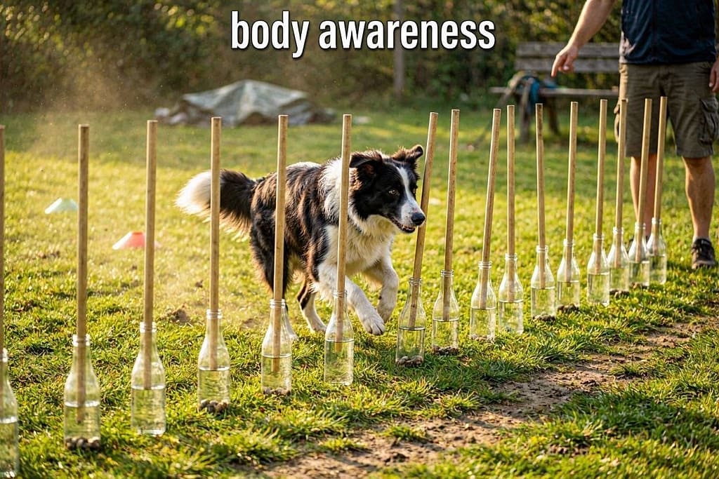 Pole weave action photo Dog weaving between broom handles in bottles. Text: "Body awareness."