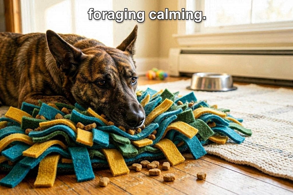 Dog with nose buried in snuffle mat, kibble pieces visible. Text: "Foraging = calming."