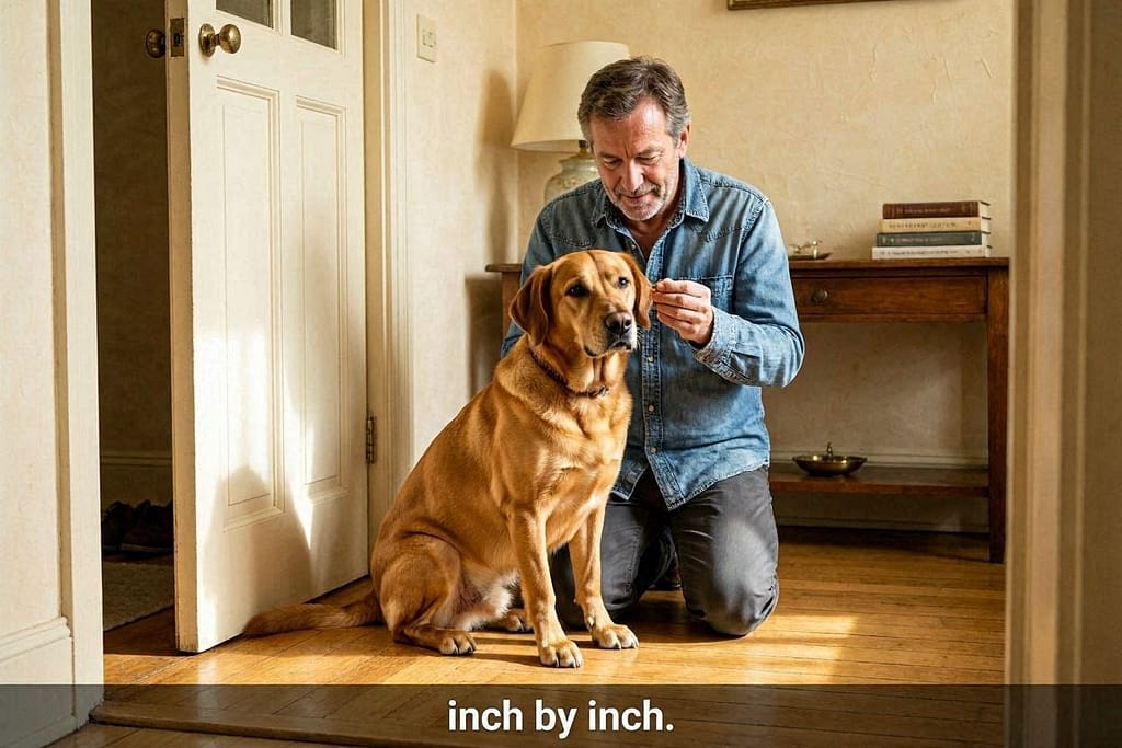 Door open one inch, dog holding sit, owner rewarding. Text: "Inch by inch."