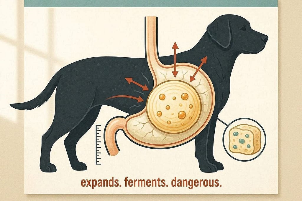 Dough expansion diagram Dough ball expanding in stomach silhouette. Text: "Expands. Ferments. Dangerous."