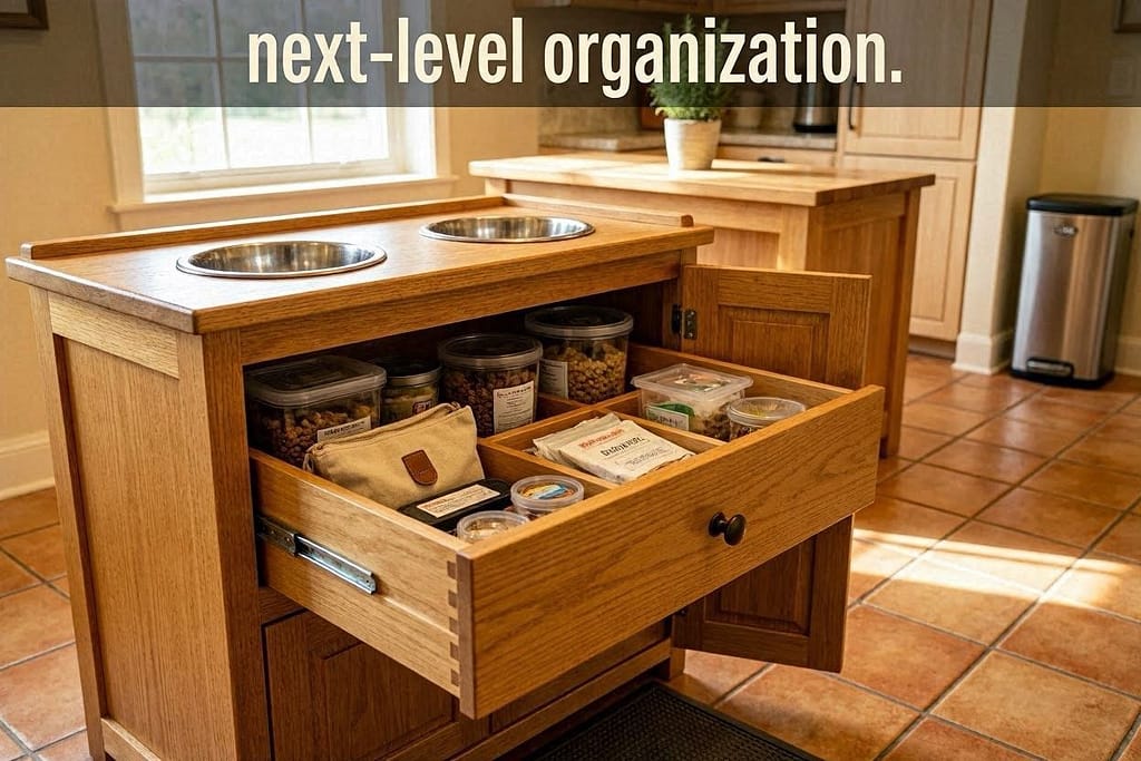 Drawer under bowls for food storage. Text: "Next-level organization."