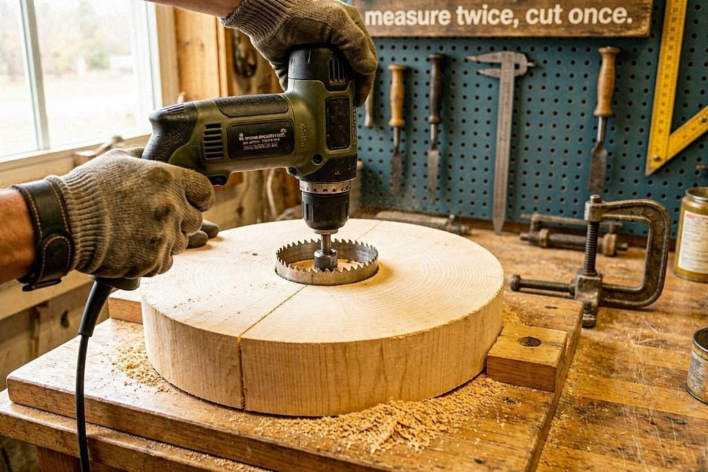 Drill with hole saw cutting bowl opening. Text: "Measure twice, cut once."
