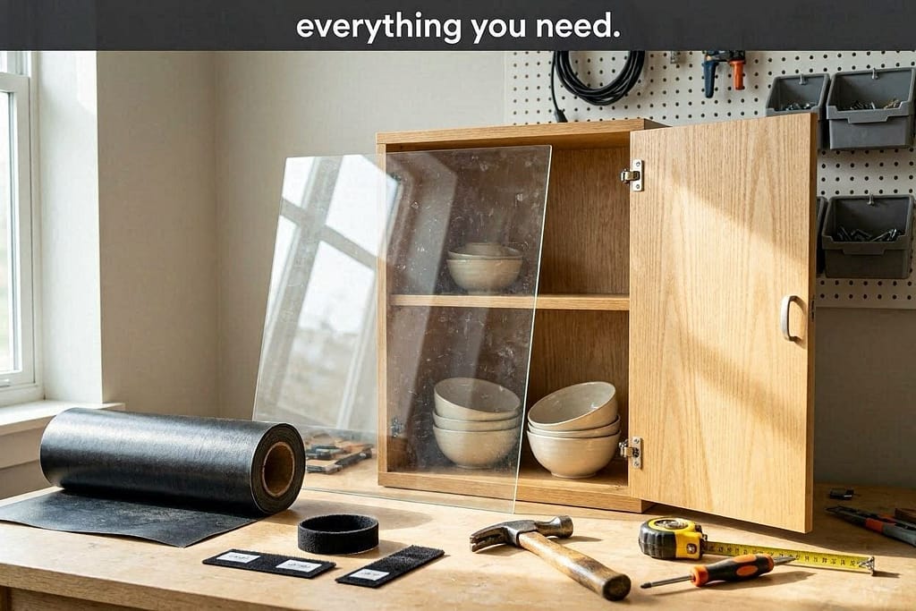 EKET cabinet, bowls, plexiglass, vinyl, Velcro, tools. Text: "Everything you need."